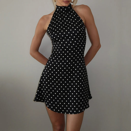 Robe Courte à Pois & Dos Nu Col Licou